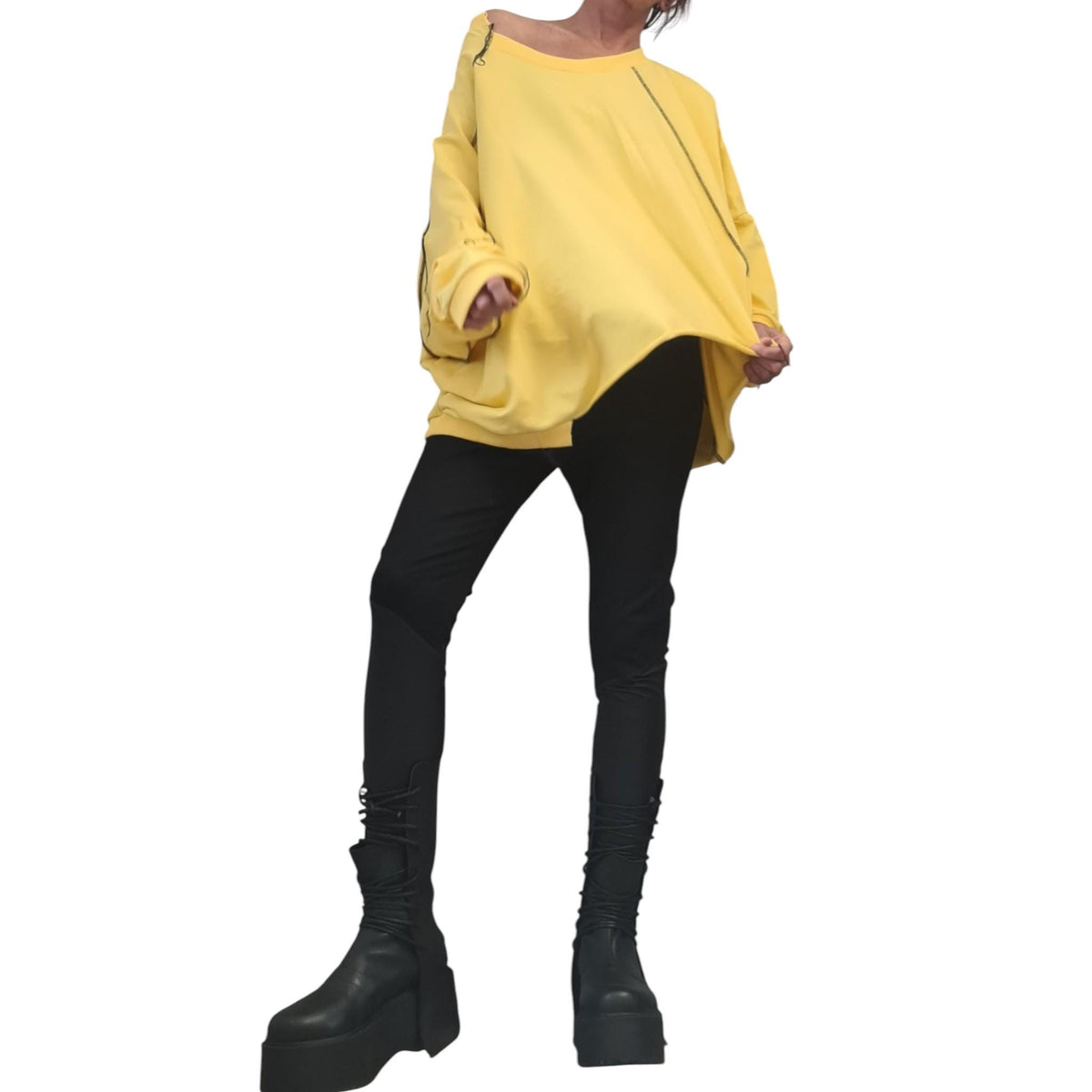 Yellow Cotton Oversize Tunic Top, Asymmetric Loose Cut, Black Contrast Seams, Plus Size Blouse