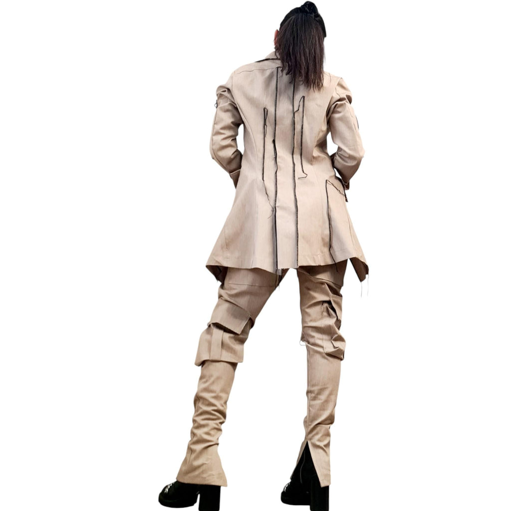 Extravagant Denim Women Costume, Asymmetric Avant Garde Blazer, Cargo Pants