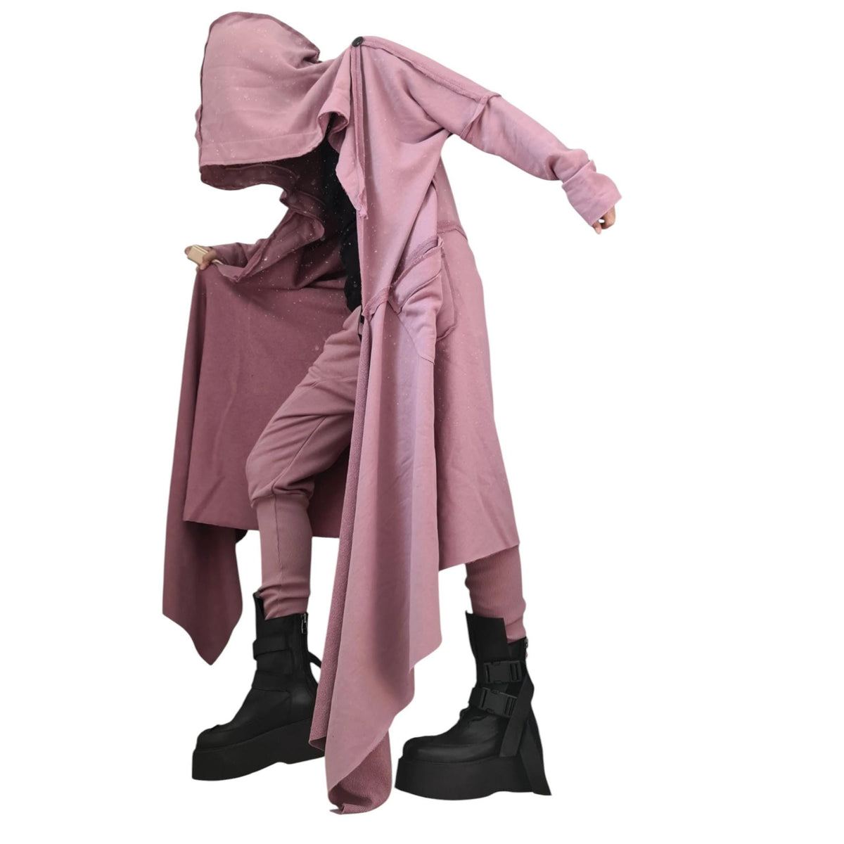 Dusty Rose Hooded Cotton Vest, Plus Size Asymmetric Gilet, Long Sleeveless Jacket