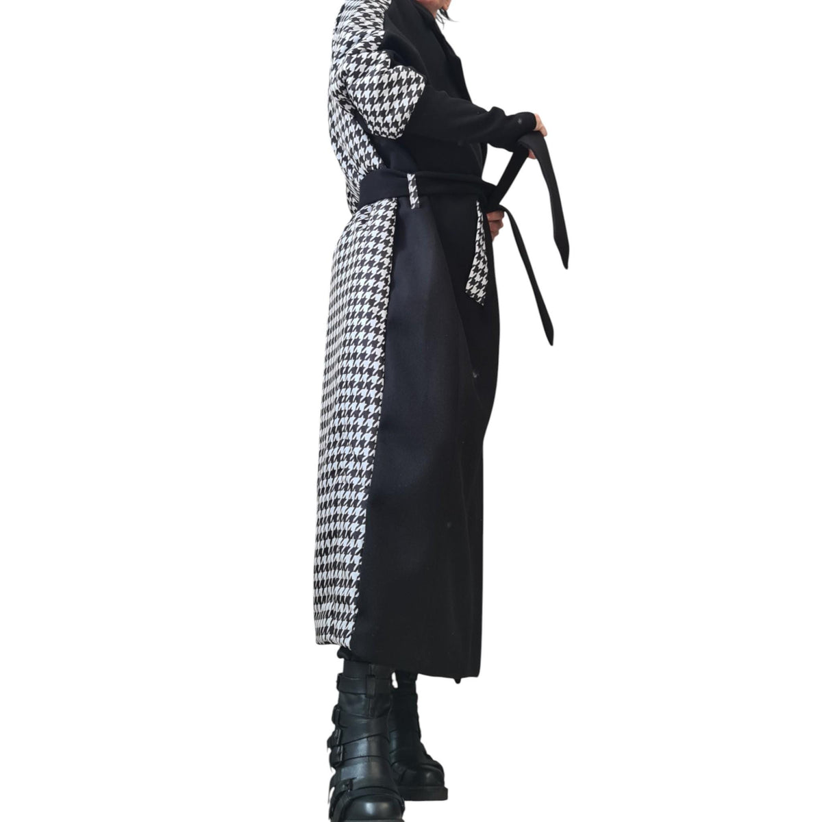 Black Asymmetric Wool Coat, Houndstooth Back Panel, Oversized Maxi Coat, Plus Size