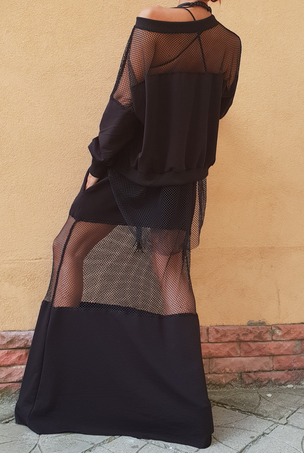 Black Cotton Mesh Panel Maxi Skirt, Off Shoulder Blouse, Two-Piece Co-Ord Set, Plus Size