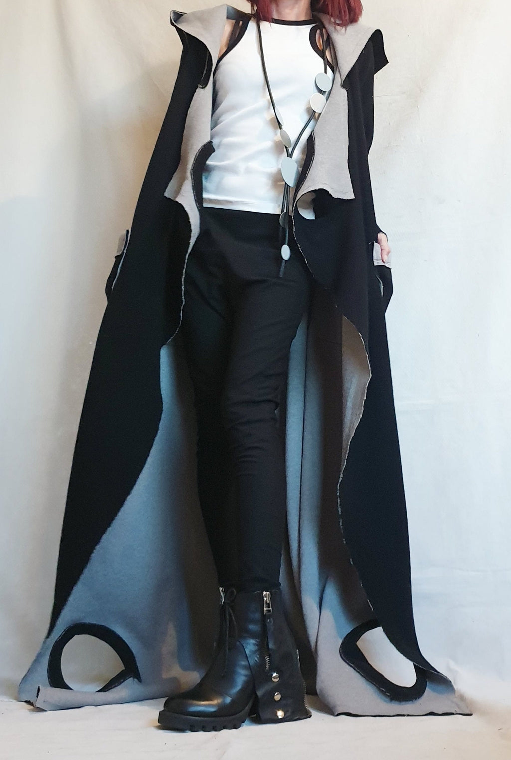 Black Grey Hooded Wool Vest, Plus Size Asymmetric Maxi Gilet, Long Knit Outerwear