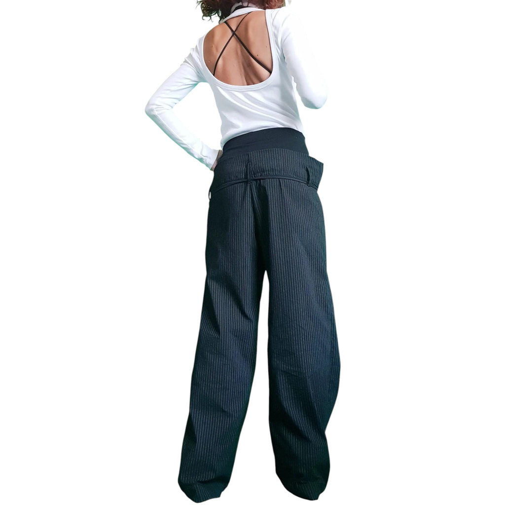 Black Pinstripe Baggy Pants, Double Waistband, Wide Leg Cotton Trousers, Drop Crotch