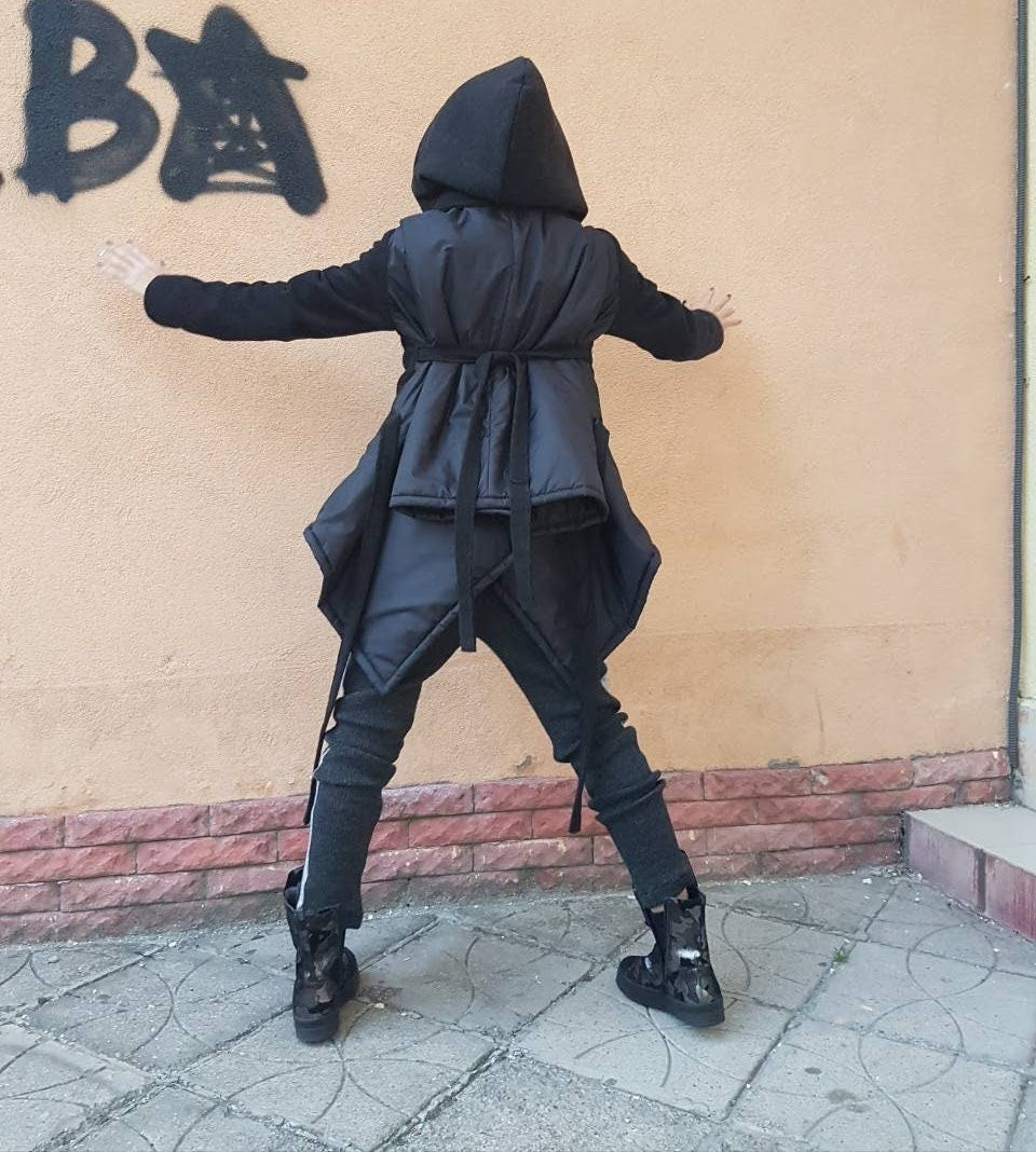 Black Hooded Puffer Jacket, Plus Size Asymmetric Winter Coat, Wool Details