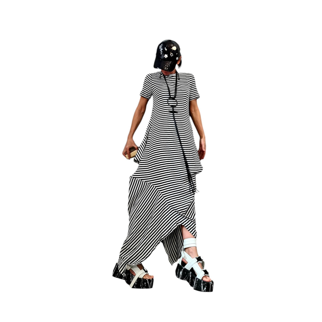 Striped Cotton Dress, French Terry Asymmetric Dress High Low Hem, Oversized Avant Garde Fashion