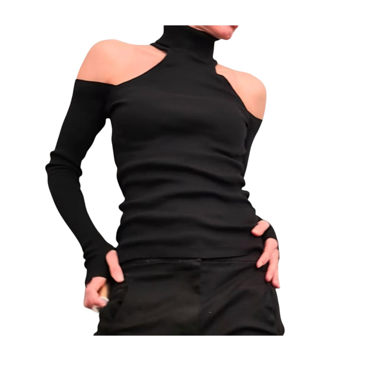 Black Cotton Turtle Neck Top | Open Shoulders, Thumb Holes | Avant Garde Women's Apparel