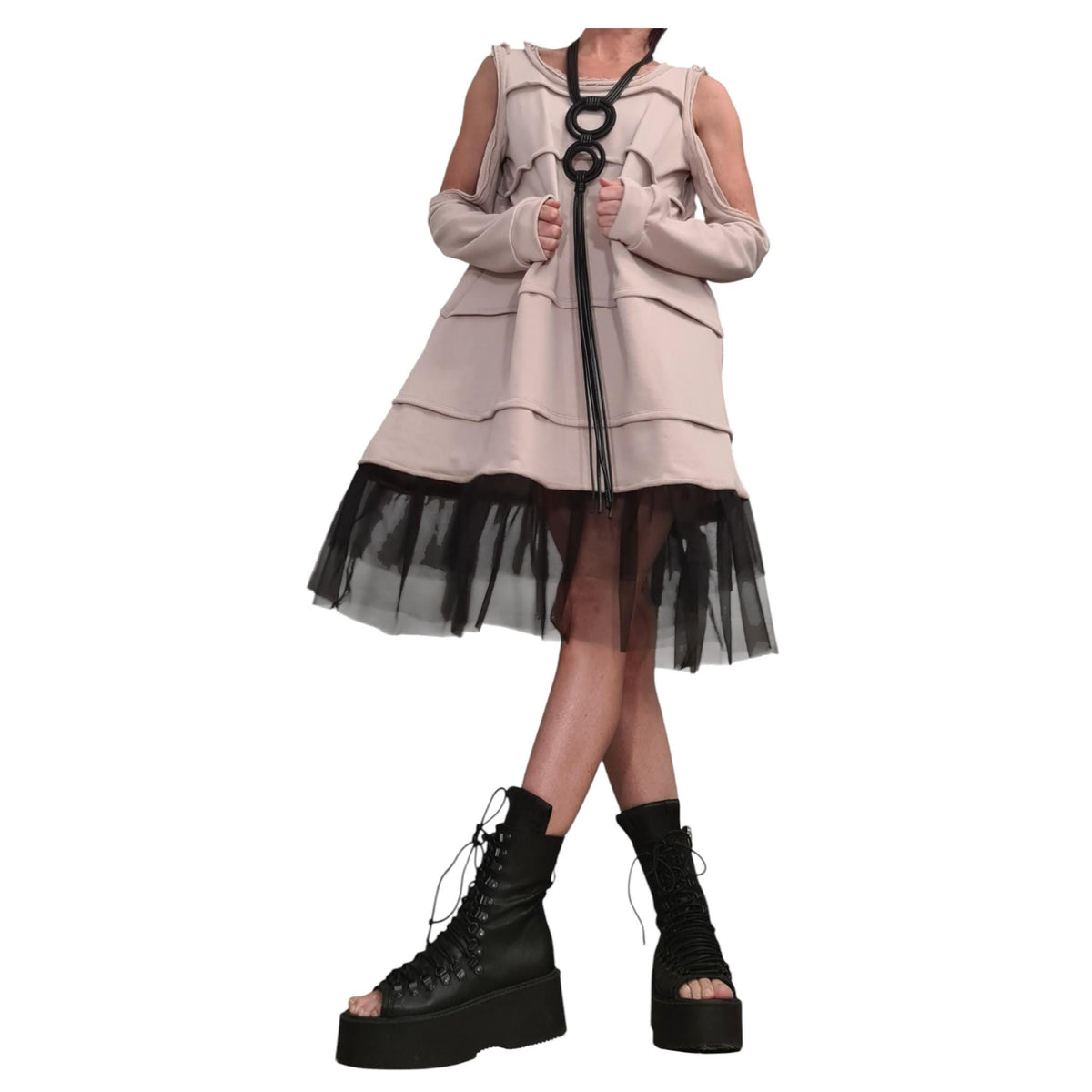 Beige Off Shoulder Dress: Asymmetrical Tulle Hem, Removable Sleeves