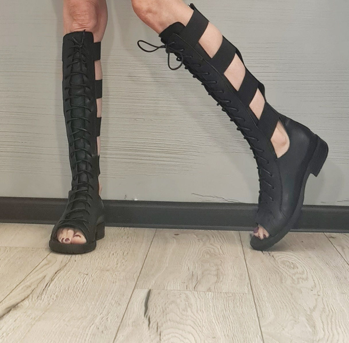 Greek Gladiator Sandals, Knee High Flat Shoes, Open Toe Strappy Boots