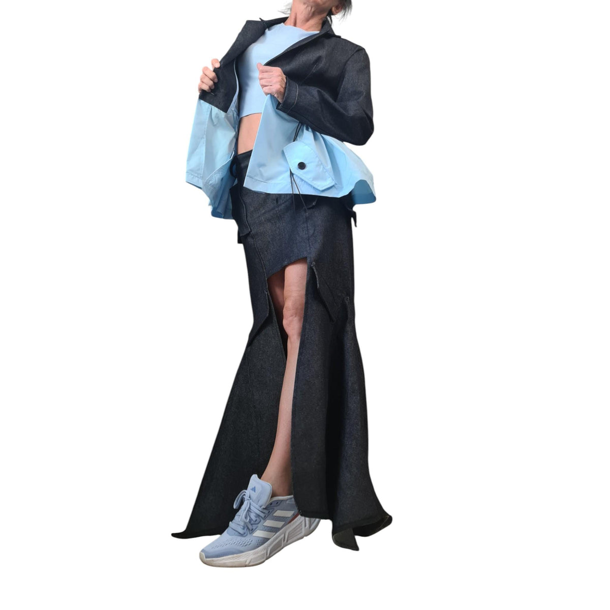 Denim Costume for Women, Avant Garde Denim Blazer, Asymmetric Long Short Skirt
