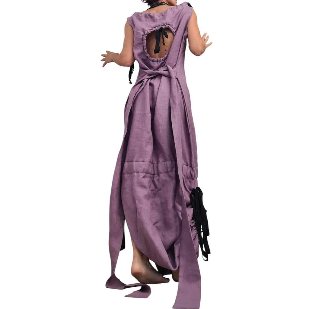 Lavender Linen Maxi Dress, Open Back, Asymmetric One Shoulder Design, Sleeveless Long Dress