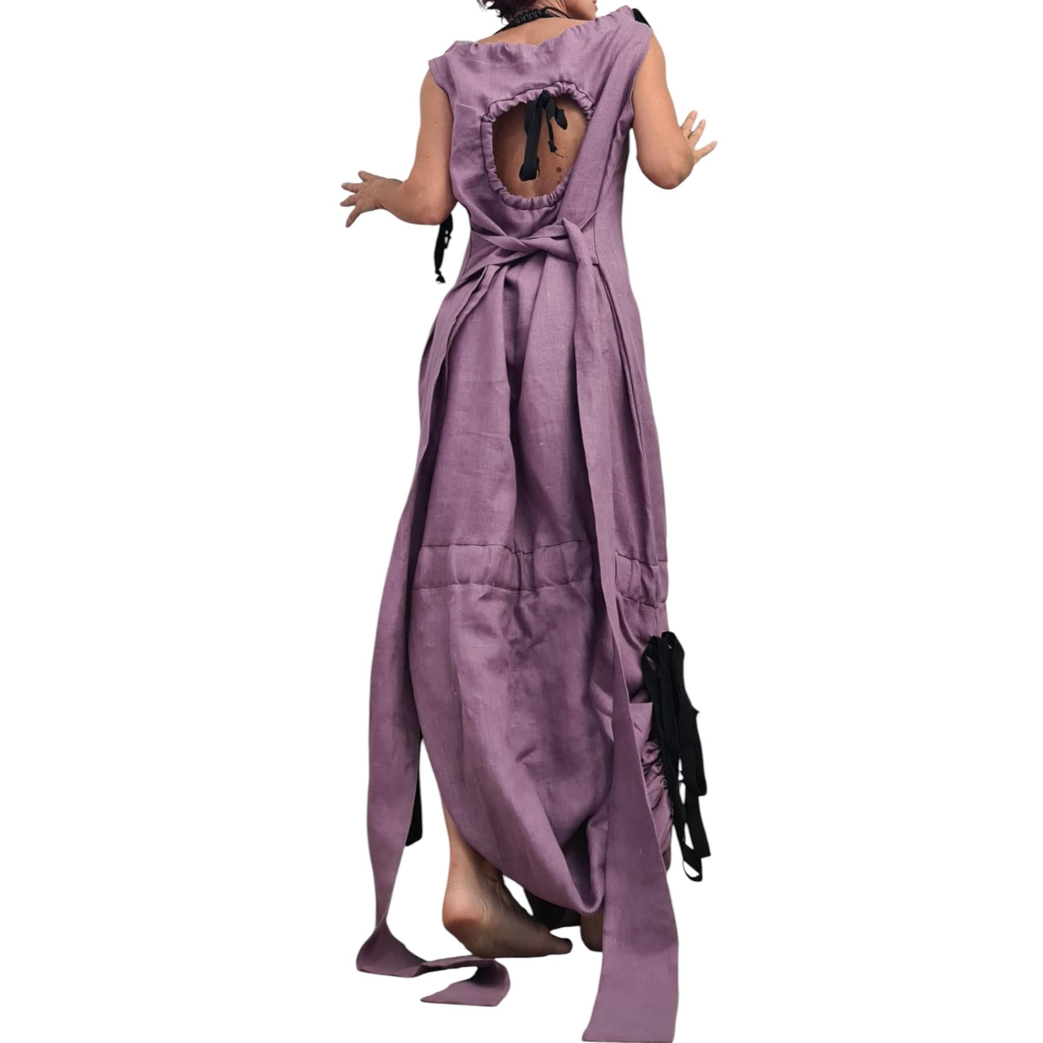 Lavender Linen Maxi Dress, Open Back, Asymmetric One Shoulder Design, Sleeveless Long Dress