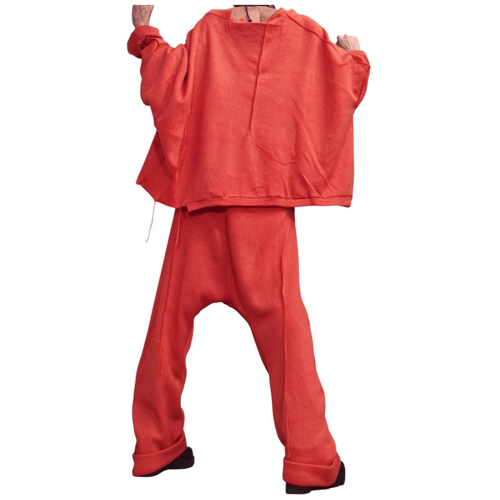 Orange Knit Deep Drop Crotch Harem Pants, Oversized Asymmetrical Blouse, Raw Edges, Co-Ord Set