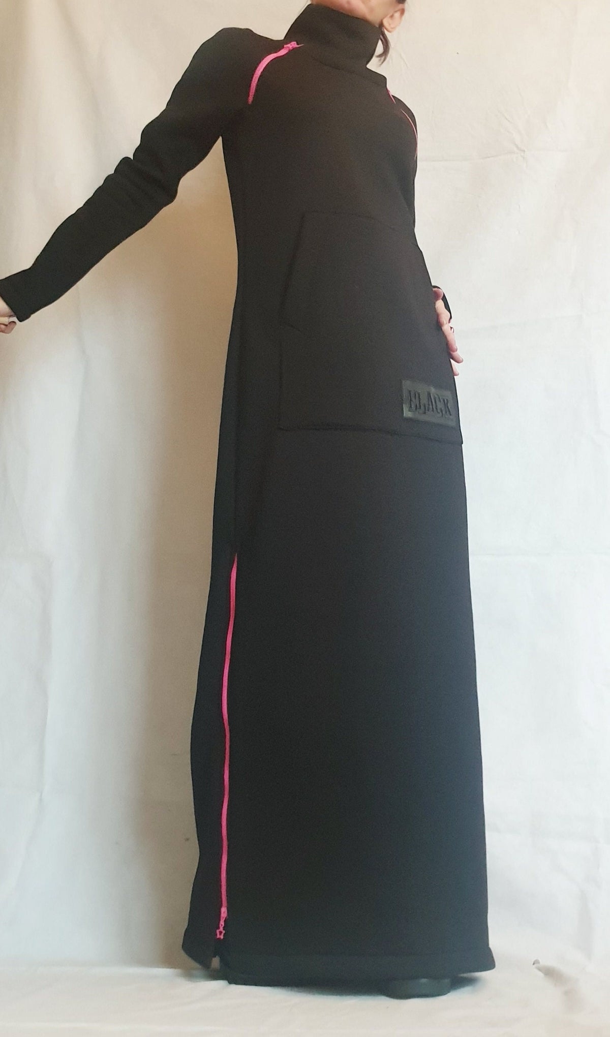 Black Maxi Dress Long Sleeve, Pink Zipper, Handmade Dress for Woman, Plus Size