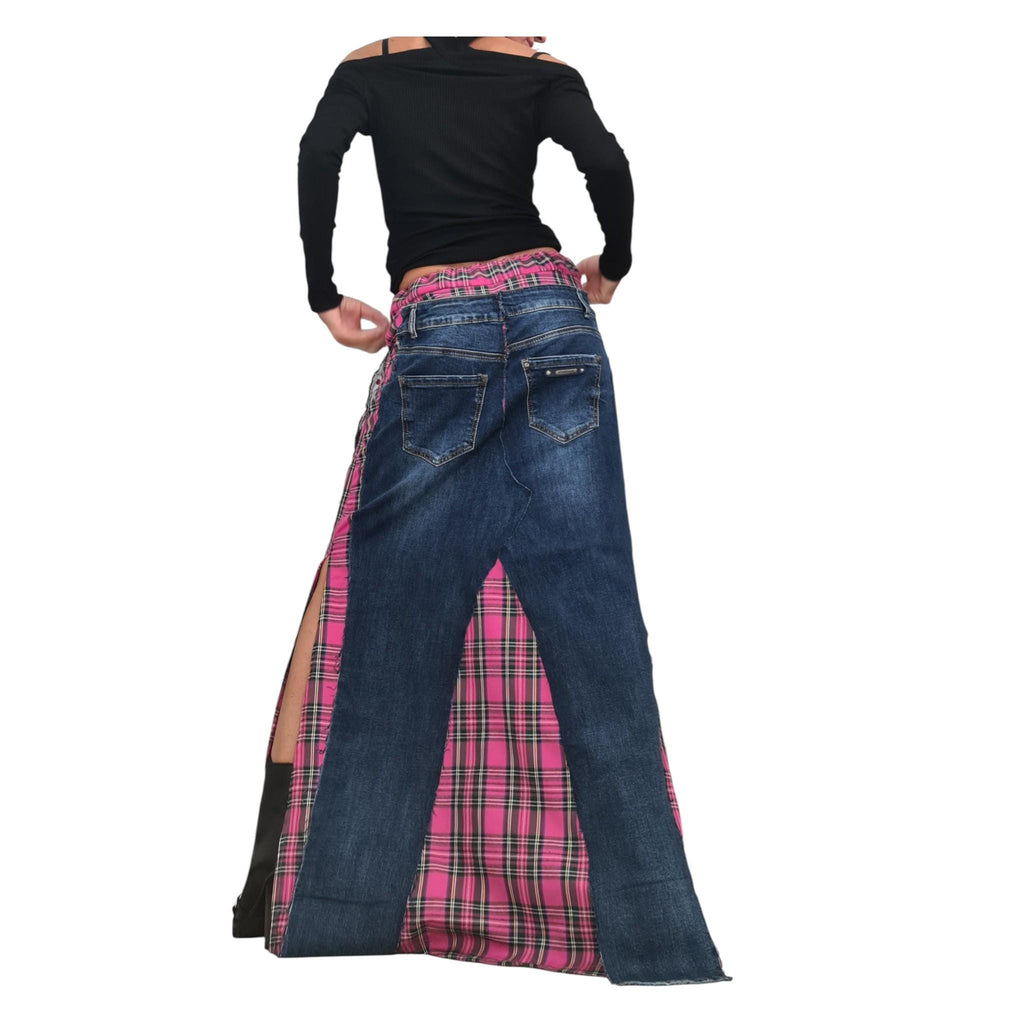 Deconstructed Denim Pink Plaid Maxi Skirt, Avant Garde Cotton Skirt