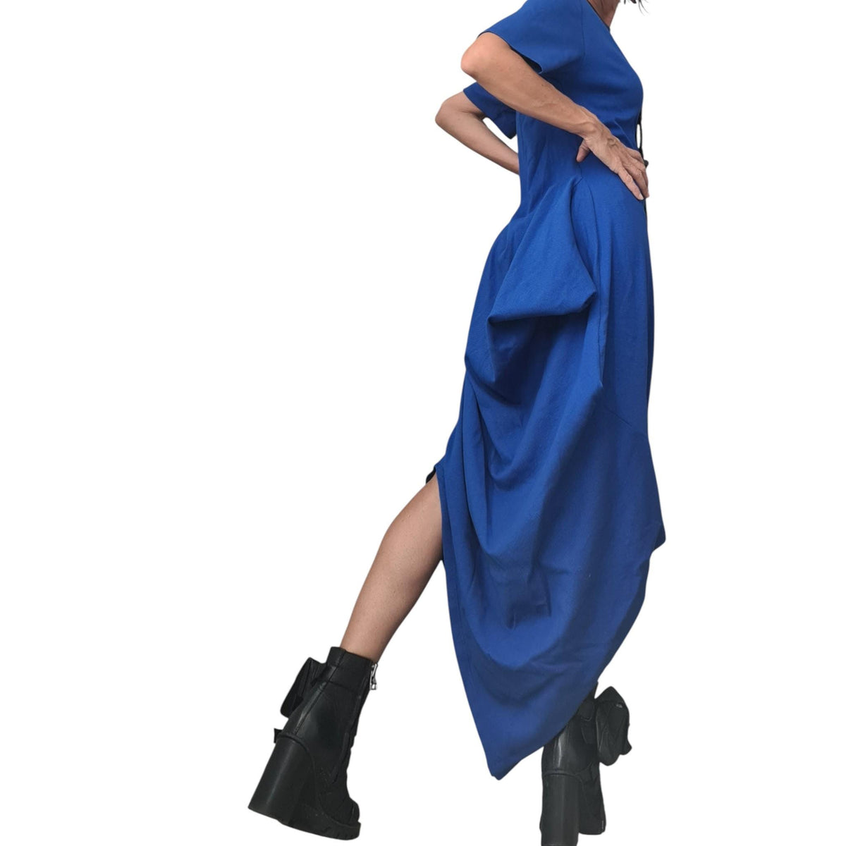Royal Blue Cotton Rib Maxi Dress, Asymmetric Avant Garde Dress, Plus Size Kaftan