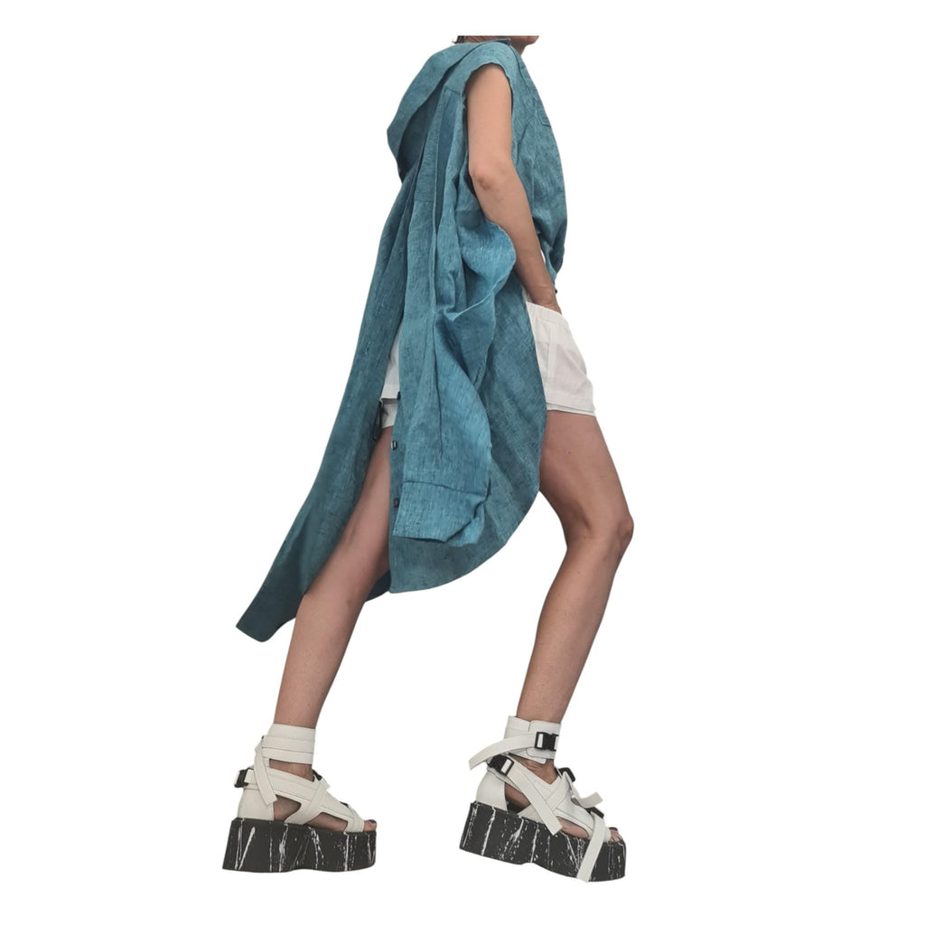 Turquoise Linen Shirt, Avant Garde Top, Asymmetric Oversize Tunic, Open Back Design, Handmade Womenswear