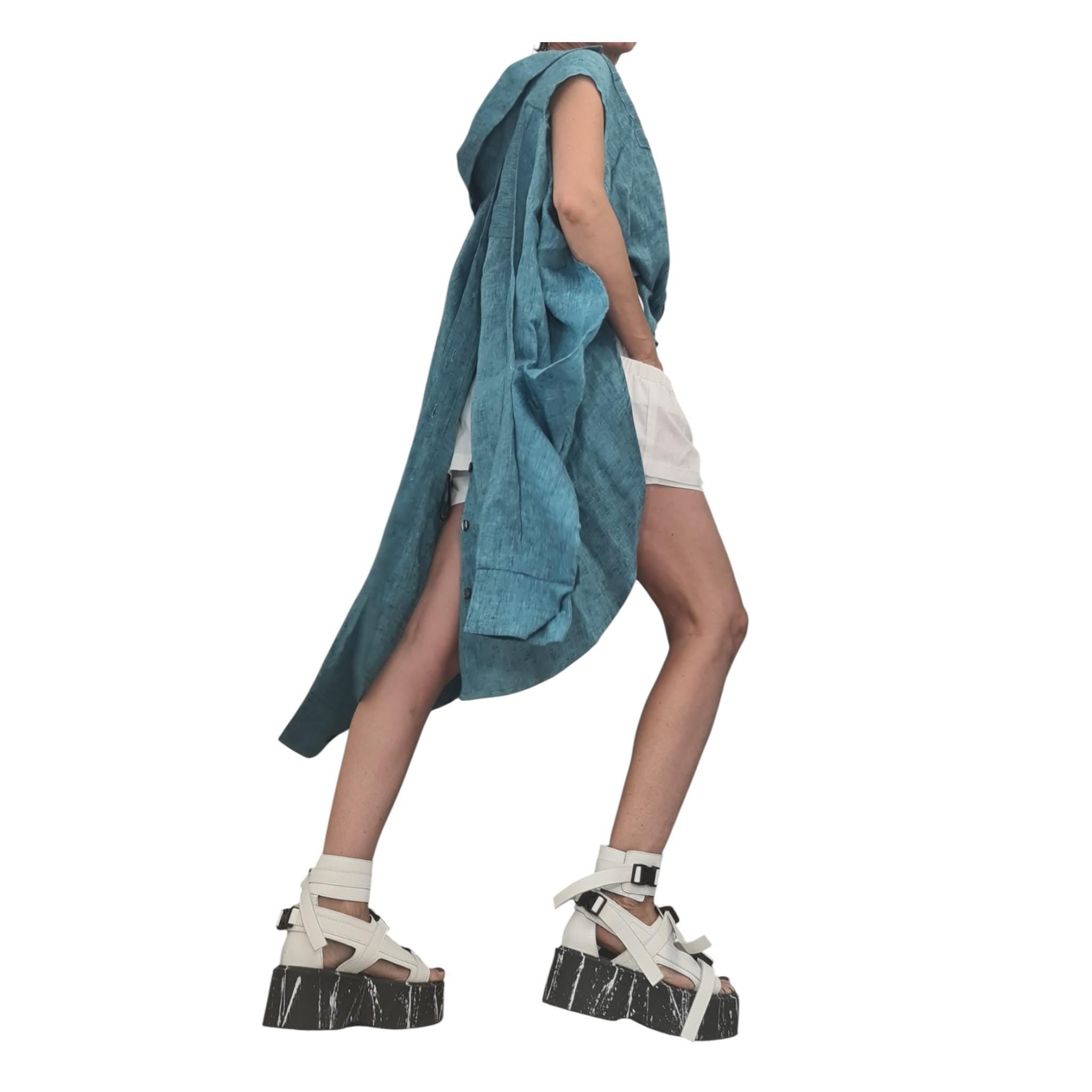 Turquoise Linen Shirt, Avant Garde Top, Asymmetric Oversize Tunic, Open Back Design, Handmade Womenswear