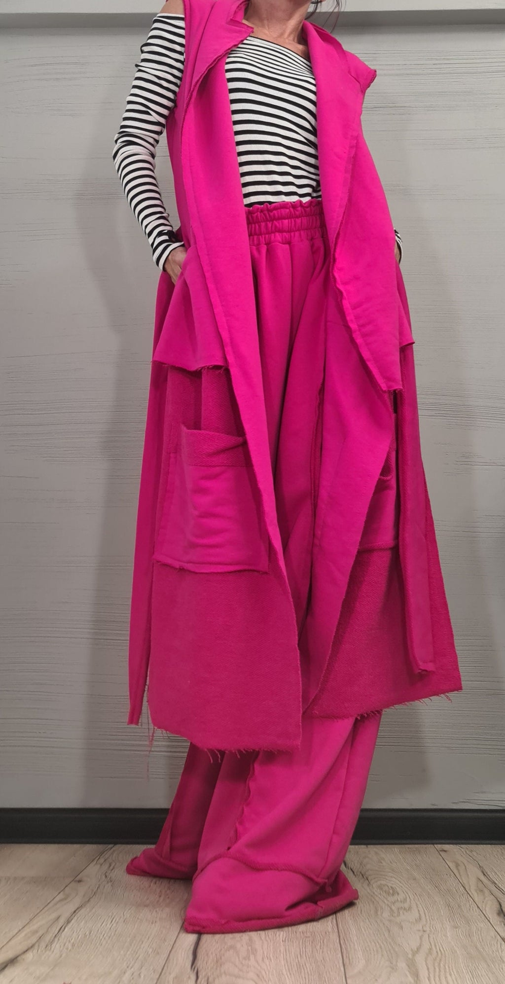 Fuchsia Cotton Wide-Leg Pants, Asymmetrical Long Short Vest, Two-Piece Co-Ord Set