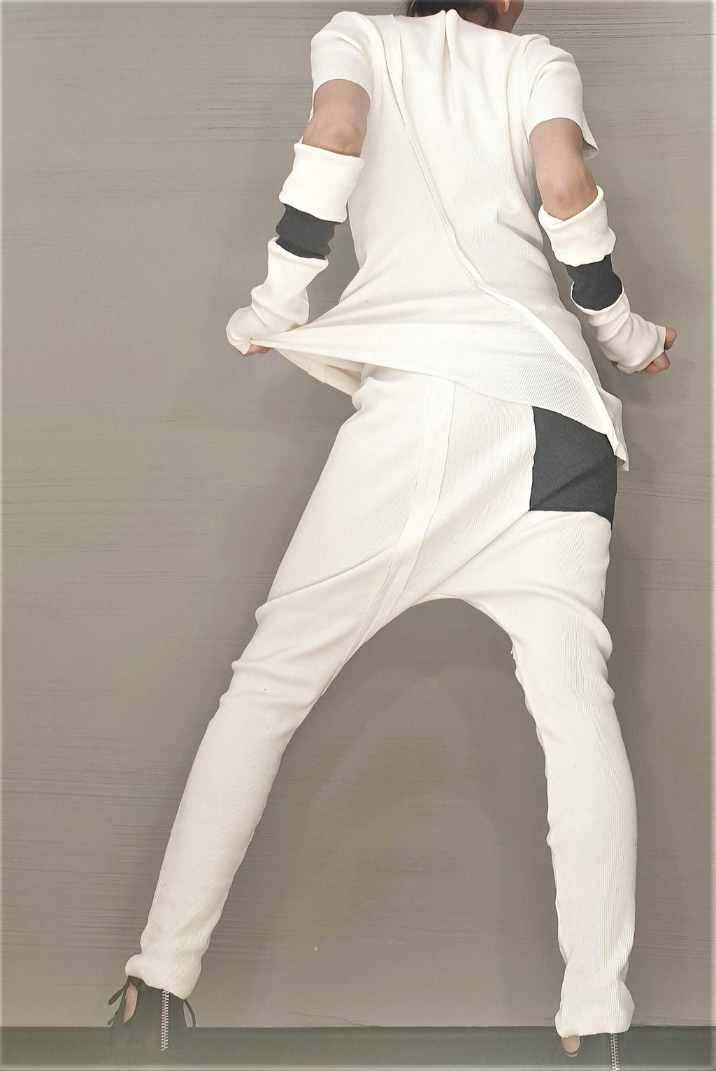 White Cotton Tapered Harem Pants, Asymmetrical Blouse, Detachable Sleeves with Thumb Holes, Co-Ord Set
