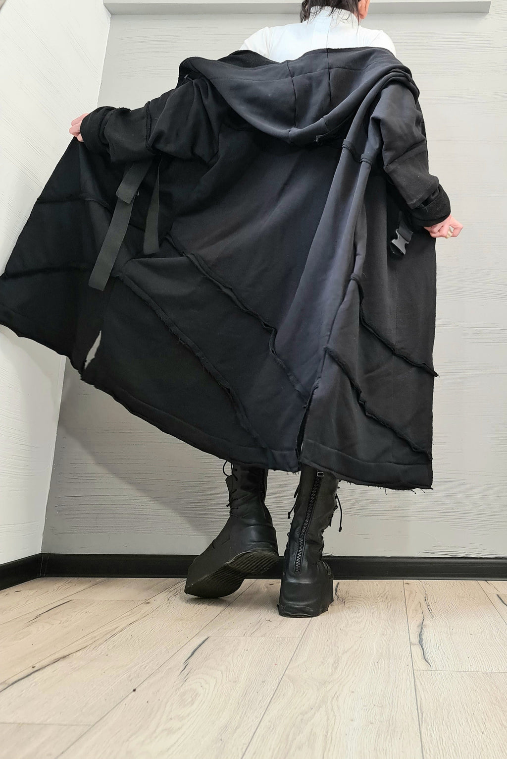 Black Oversized Hooded Vest, Long Asymmetric Sleeveless Coat, Layered Hem, Plus Size
