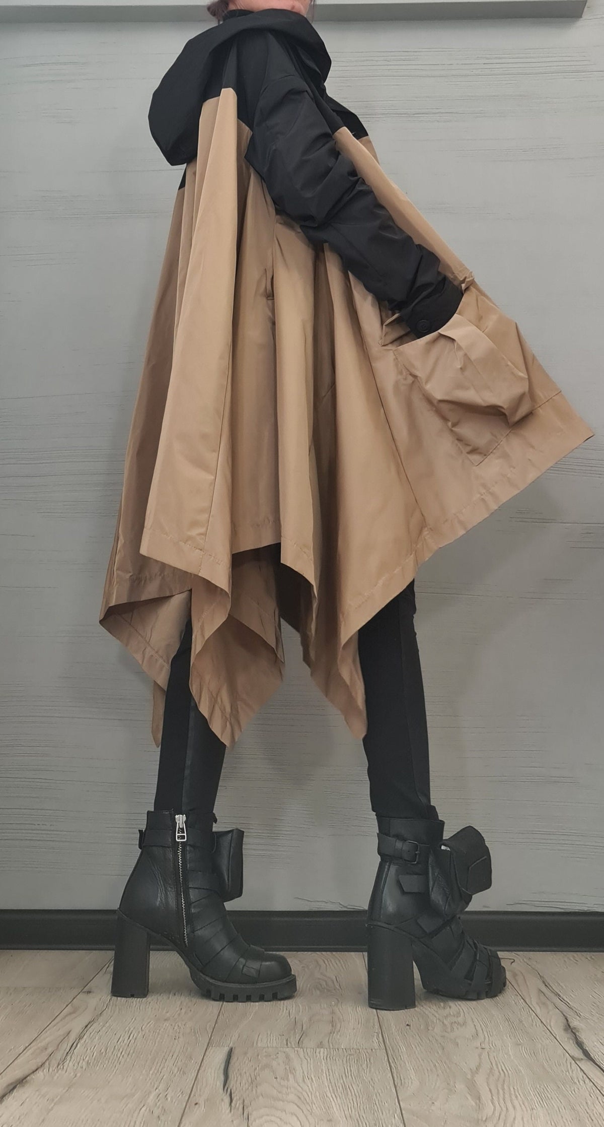 Beige and Black Asymmetrical Hooded Trench Coat, Deconstructed Design, Oversized Patch Pockets
