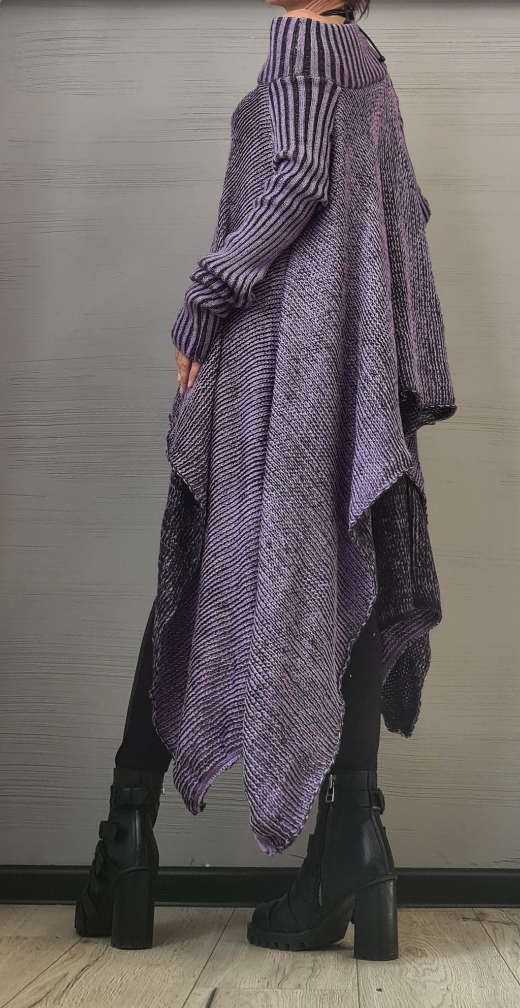 Purple Wool Blend Knitted Blouse, Open Shoulder Sweater, Plus Size Long Sleeve Top