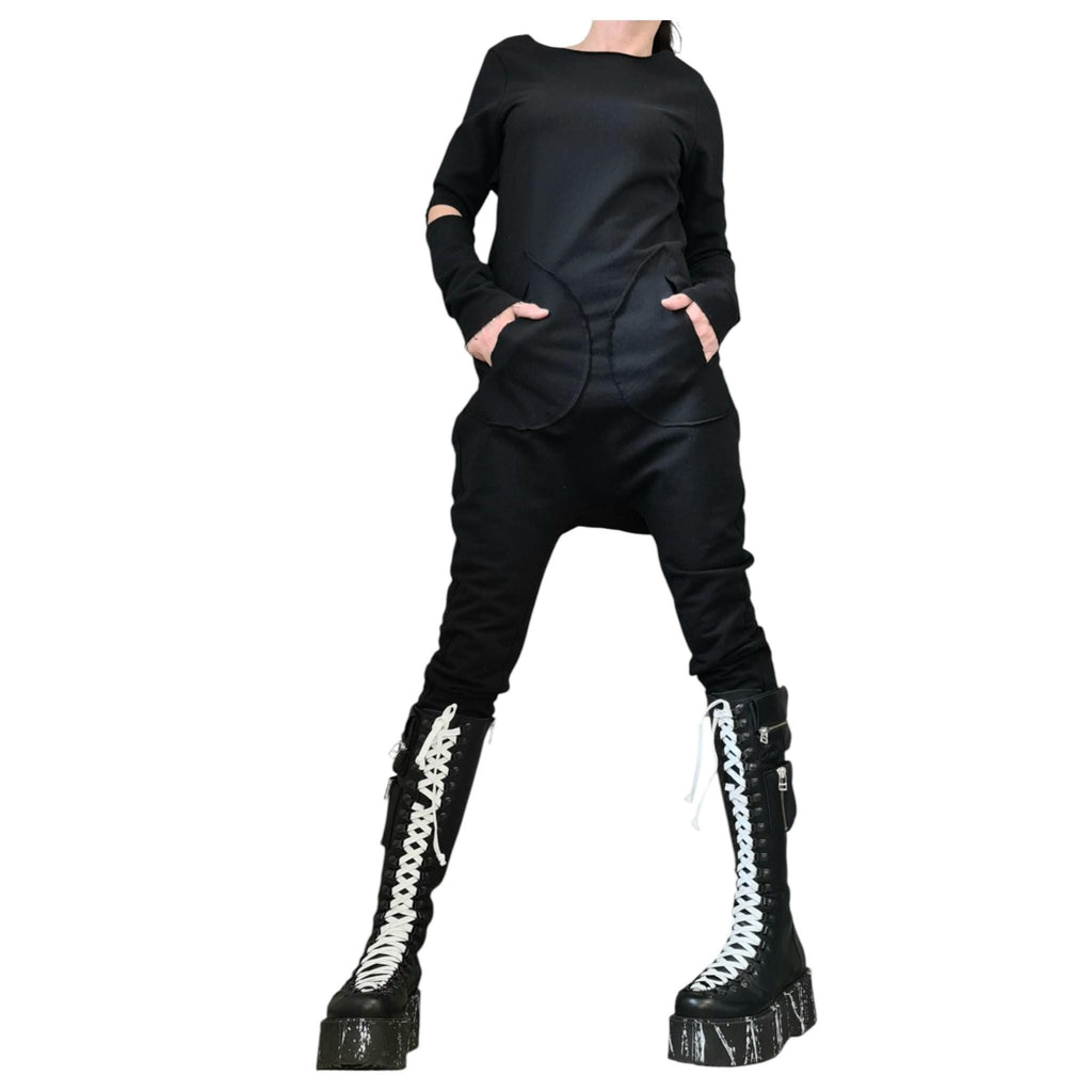 Black Cotton Drop Crotch Jumpsuit, Extravagant Open Back, Slim Fit Gothic Style