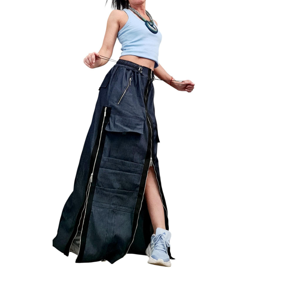 Convertible Denim Maxi Skirt, Cargo Pockets, Festival Streetwear