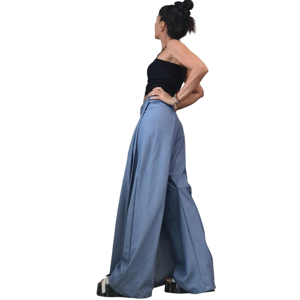 Light Blue Denim Harem Trousers, Wide Leg Pants, Pleated Front Panel, Convertible Skirt Design