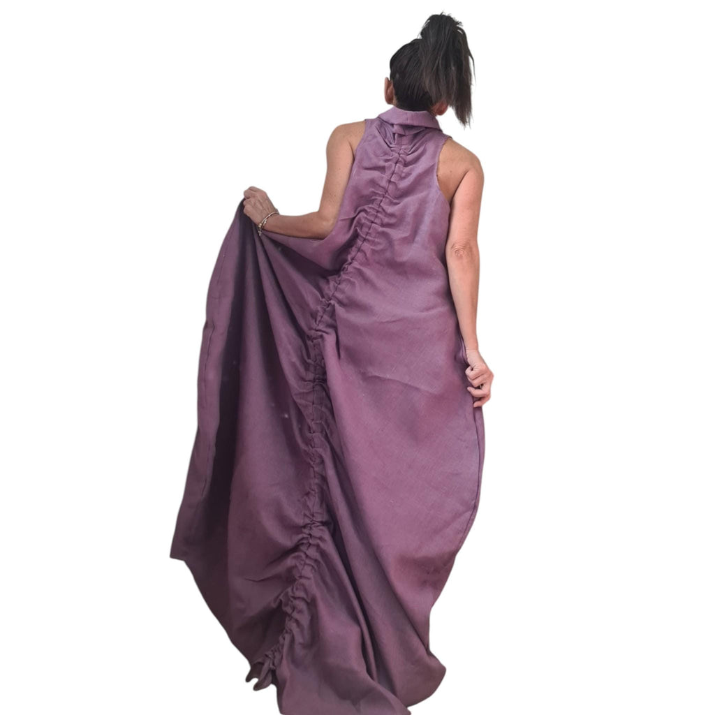 Lavender Linen Maxi Dress, High Neck Sleeveless Balloon Silhouette, Boho Style, Plus Size