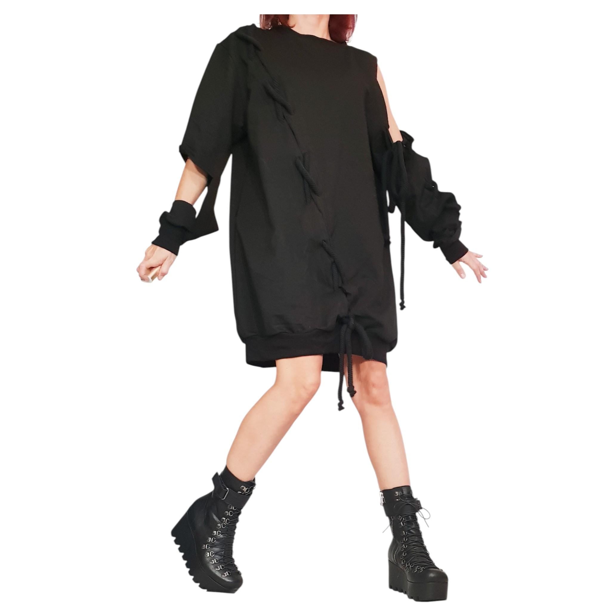 Extravagant Black Dress, Loose Tunic Dress, Plus Size Clothing, Blouson Dress, Asymmetric Dress, Long Sleeve Dress, Knee Length Dress