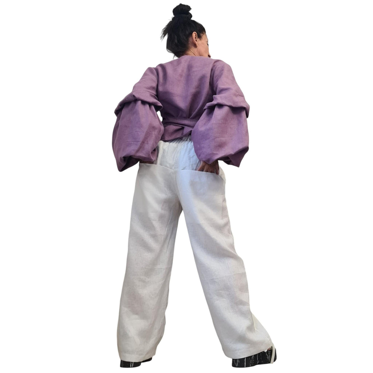 Lavender Linen Wrap Blouse, Reversible Top, Balloon Sleeves, Tie Waist, Oversized Fit, V Neck