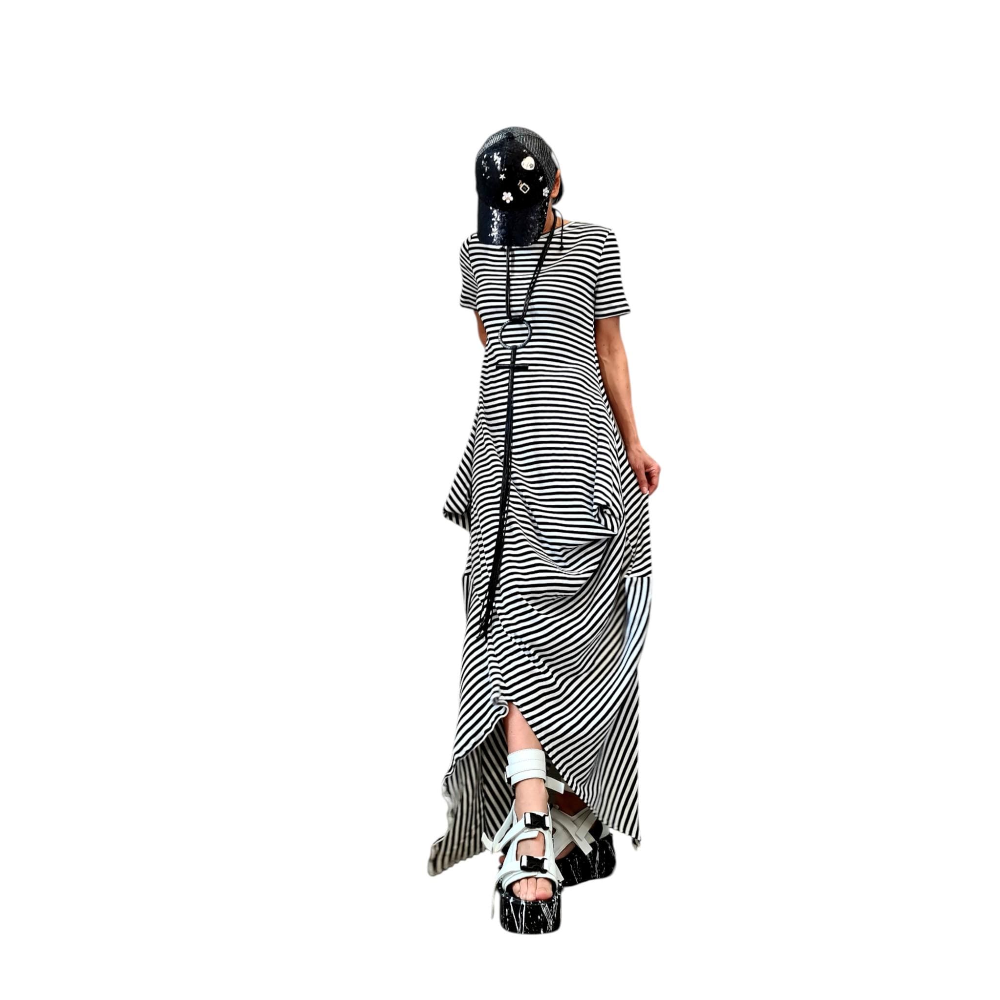 Striped Cotton Dress, French Terry Asymmetric Dress High Low Hem, Oversized Avant Garde Fashion