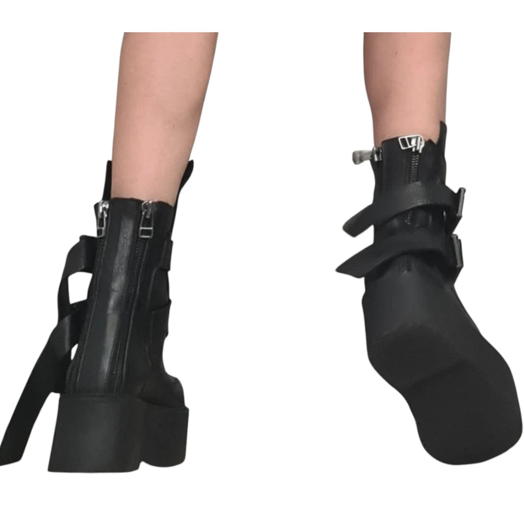 Black Leather Platform Boots, Buckle Strap Ankle Booties, Gothic Grunge Women Footwear