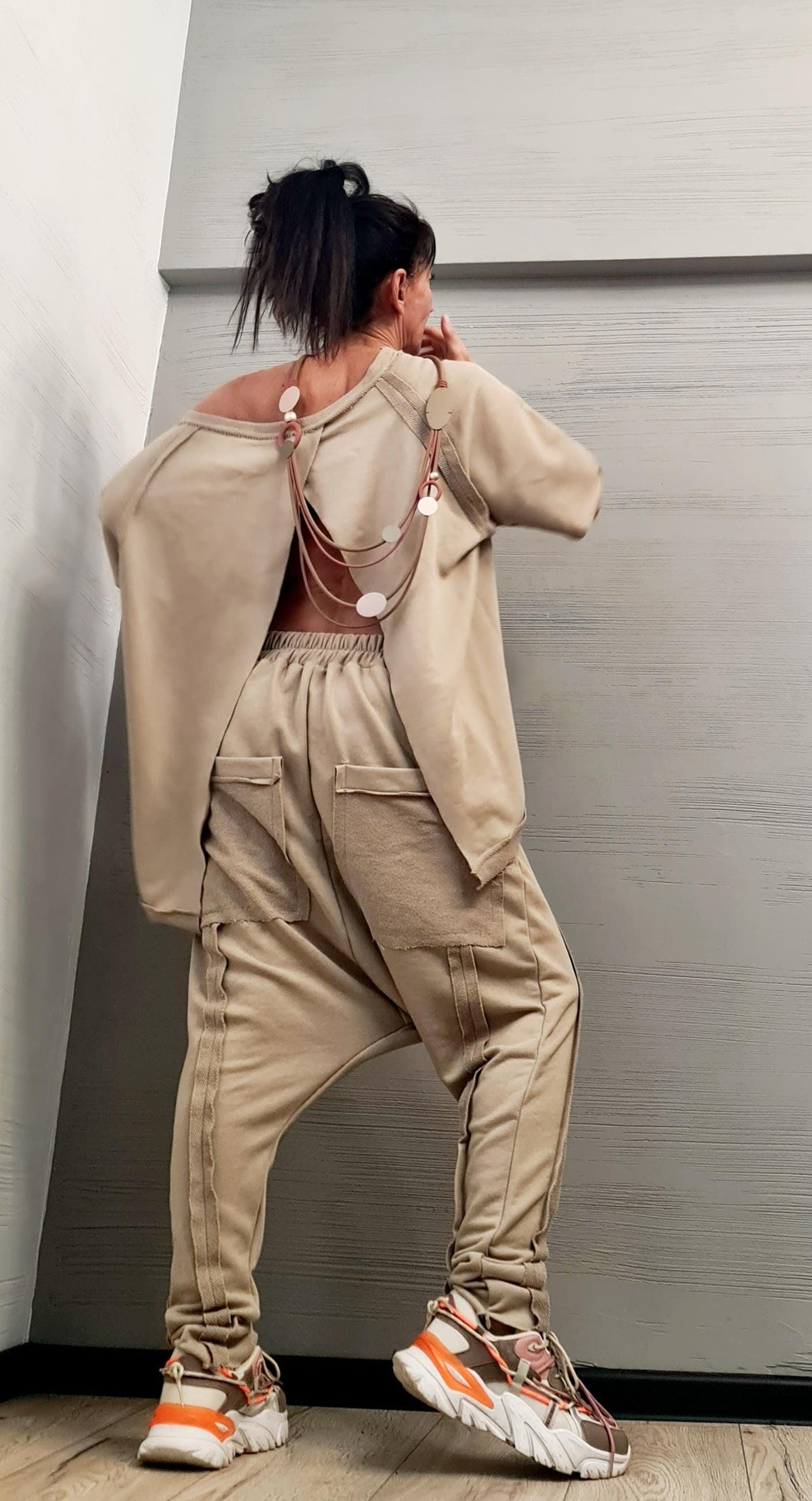 Beige Cotton Drop Crotch Harem Pants, Asymmetrical Open Back Blouse, French Terry Co-Ord Set