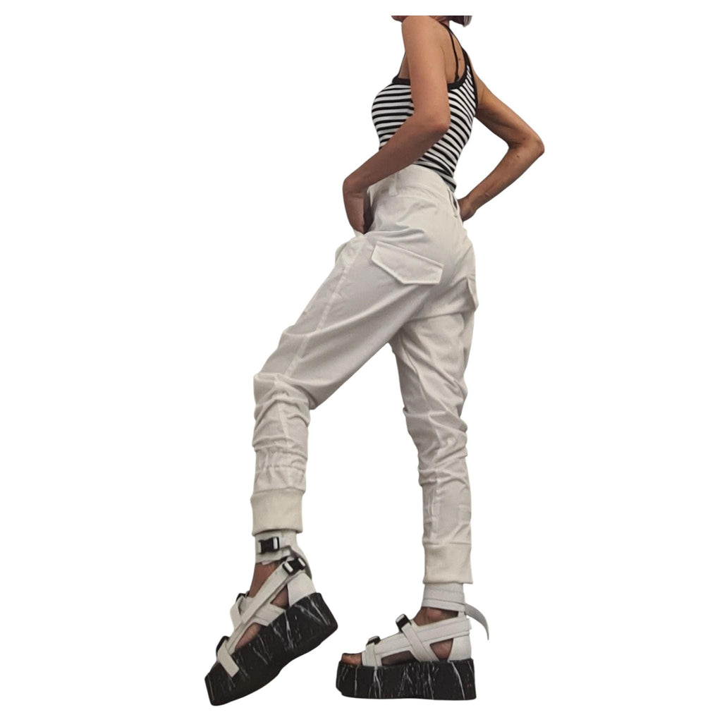 White Cargo Harem Pants, Drop Crotch Tapered Leg, Alternative Bridal Outfit