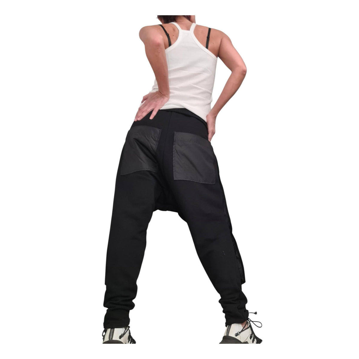 Black French Terry Baggy Harem Pants, Drop Crotch Cargo Trousers
