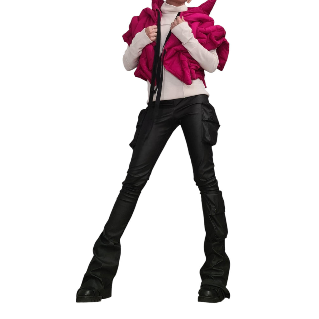 Fuchsia Asymmetric Puffer Vest, Oversized Quilted Sleeveless Jacket, Cropped Winter Gilet