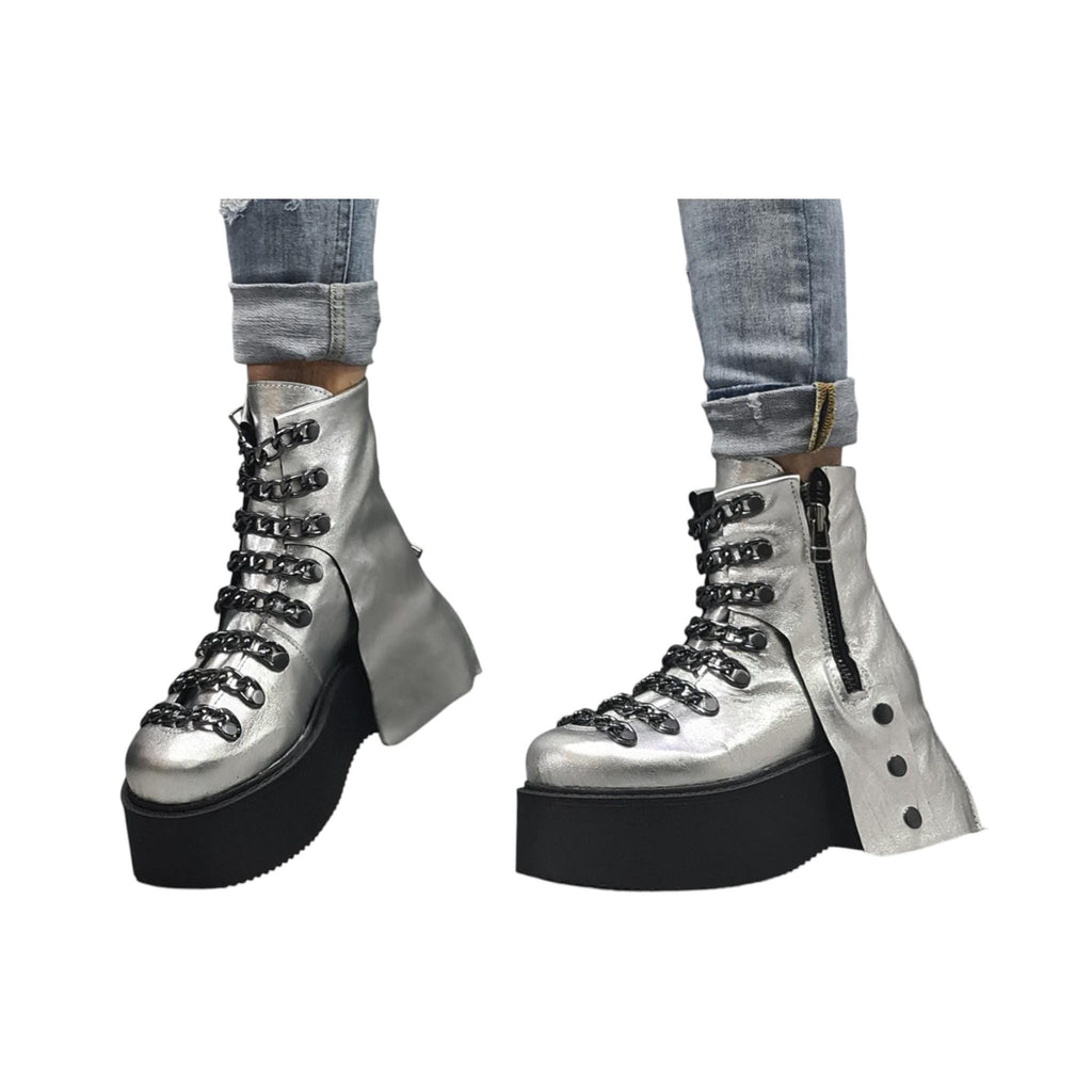Silver Leather Platform Ankle Boots, Gothic Women Shoes with Chains, Handmade Statement Footwear