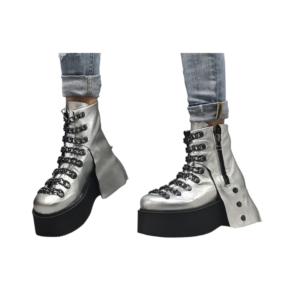 Silver Leather Platform Ankle Boots, Gothic Women Shoes with Chains, Handmade Statement Footwear