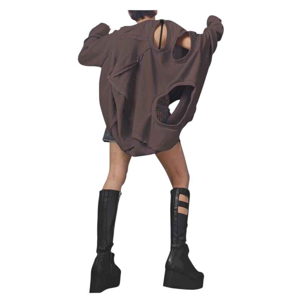 Transformable Cotton Tunic, Brown Cut Out Blouse, Oversized Women Top