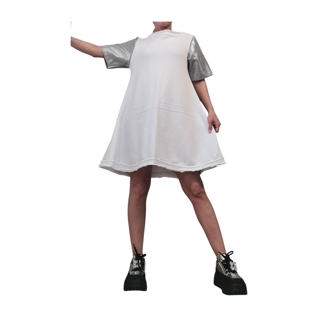 White Cotton Tunic Dress, Metallic Sleeves, Loose Fit, Plus Size Dress