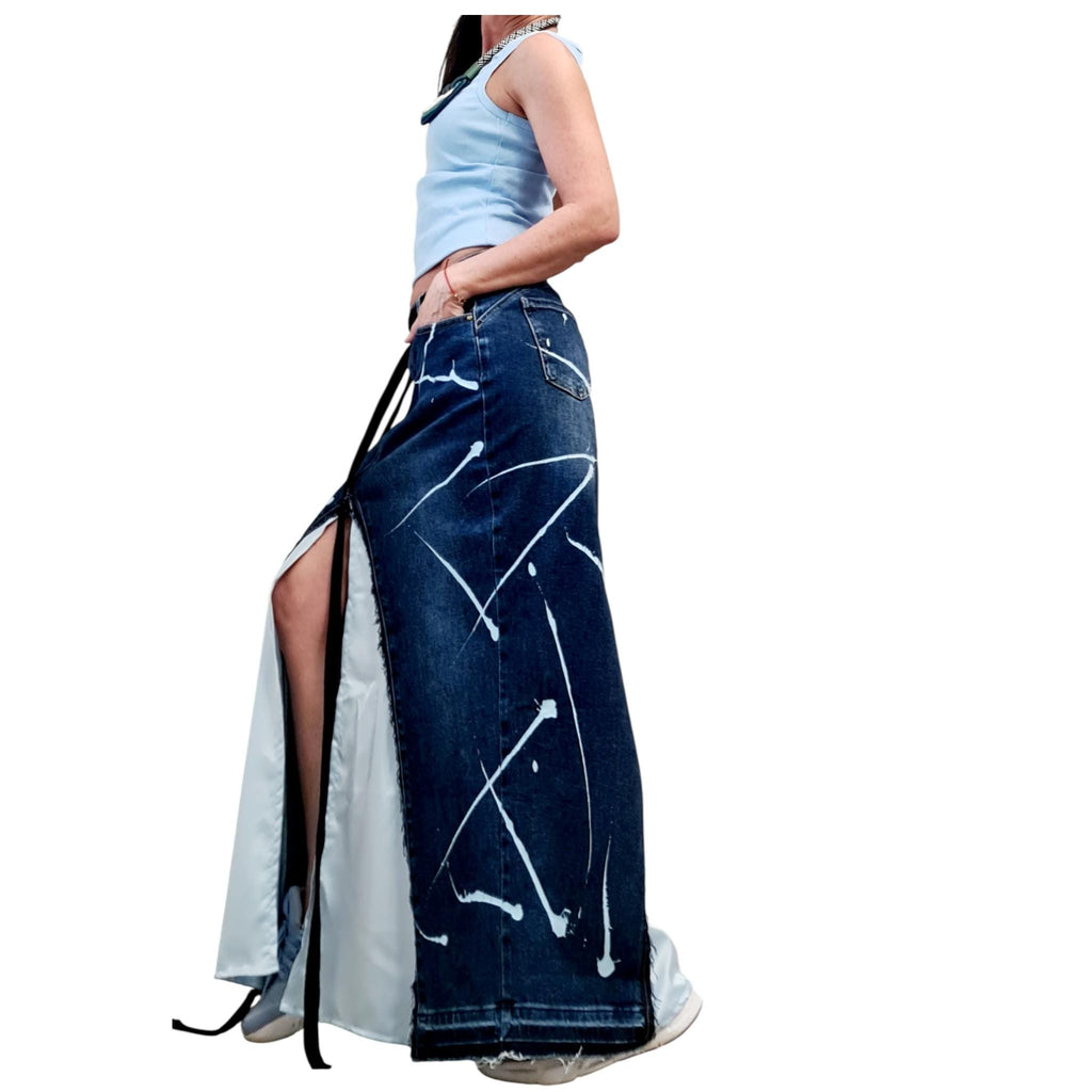 Asymmetric Denim Skirt Maxi Length Blue Satin Panel High Waist Avant Garde Clothing