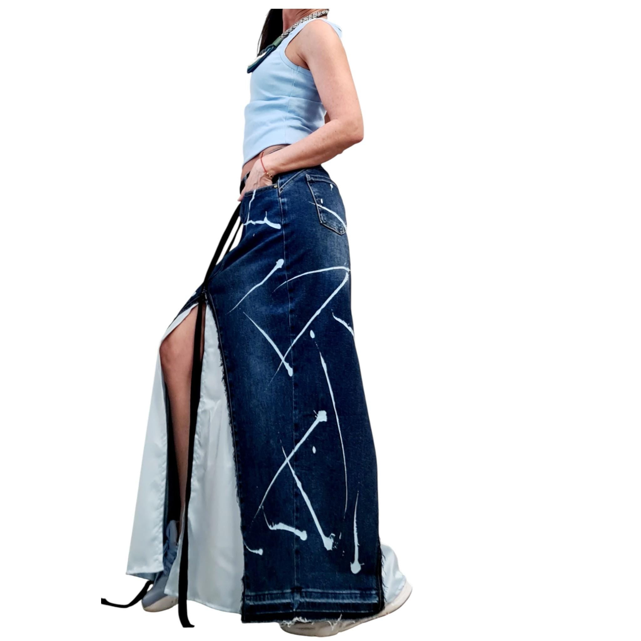 Asymmetric Denim Skirt Maxi Length Blue Satin Panel High Waist Avant Garde Clothing