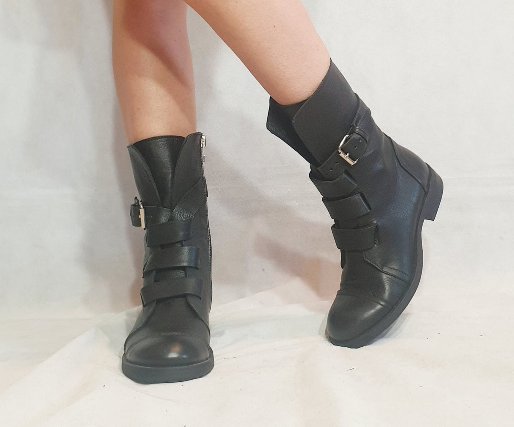 Black Leather Combat Boots, Gothic Grunge Ankle Booties, Steampunk Shoes