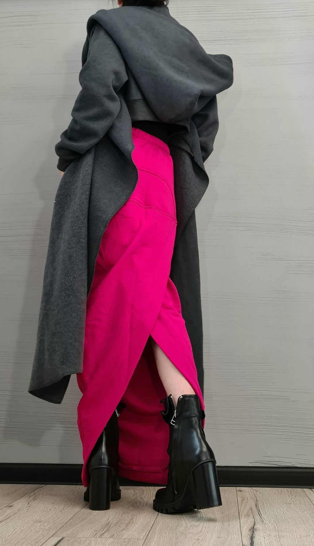 Grey Cotton Hooded Cardigan, Long Asymmetric Wrap Jacket, Cropped Back