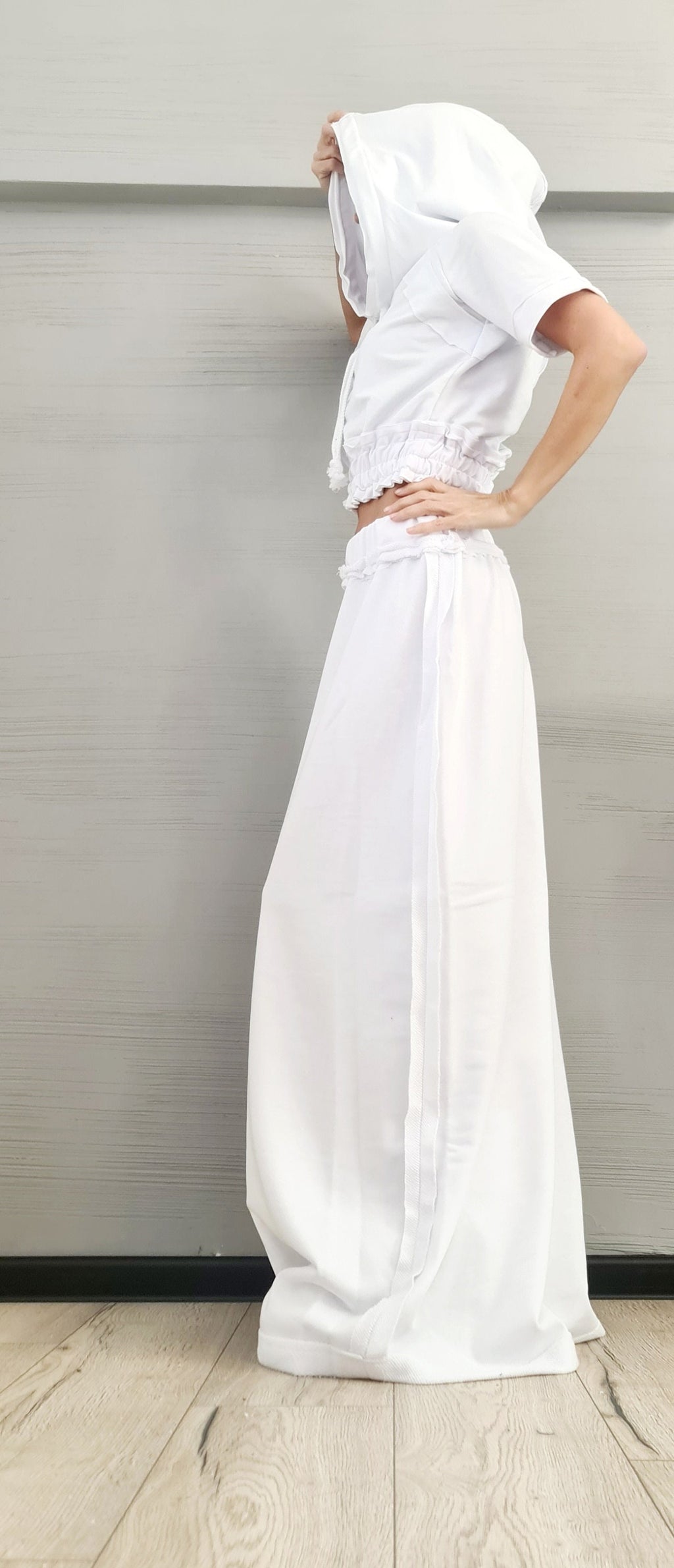 White Cotton Maxi Skirt Hoodie Set, Ruched Trim French Terry Co-Ord