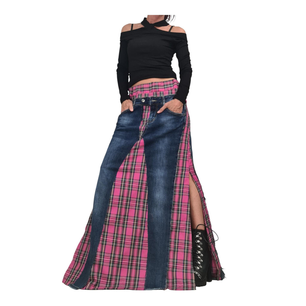 Deconstructed Denim Pink Plaid Maxi Skirt, Avant Garde Cotton Skirt