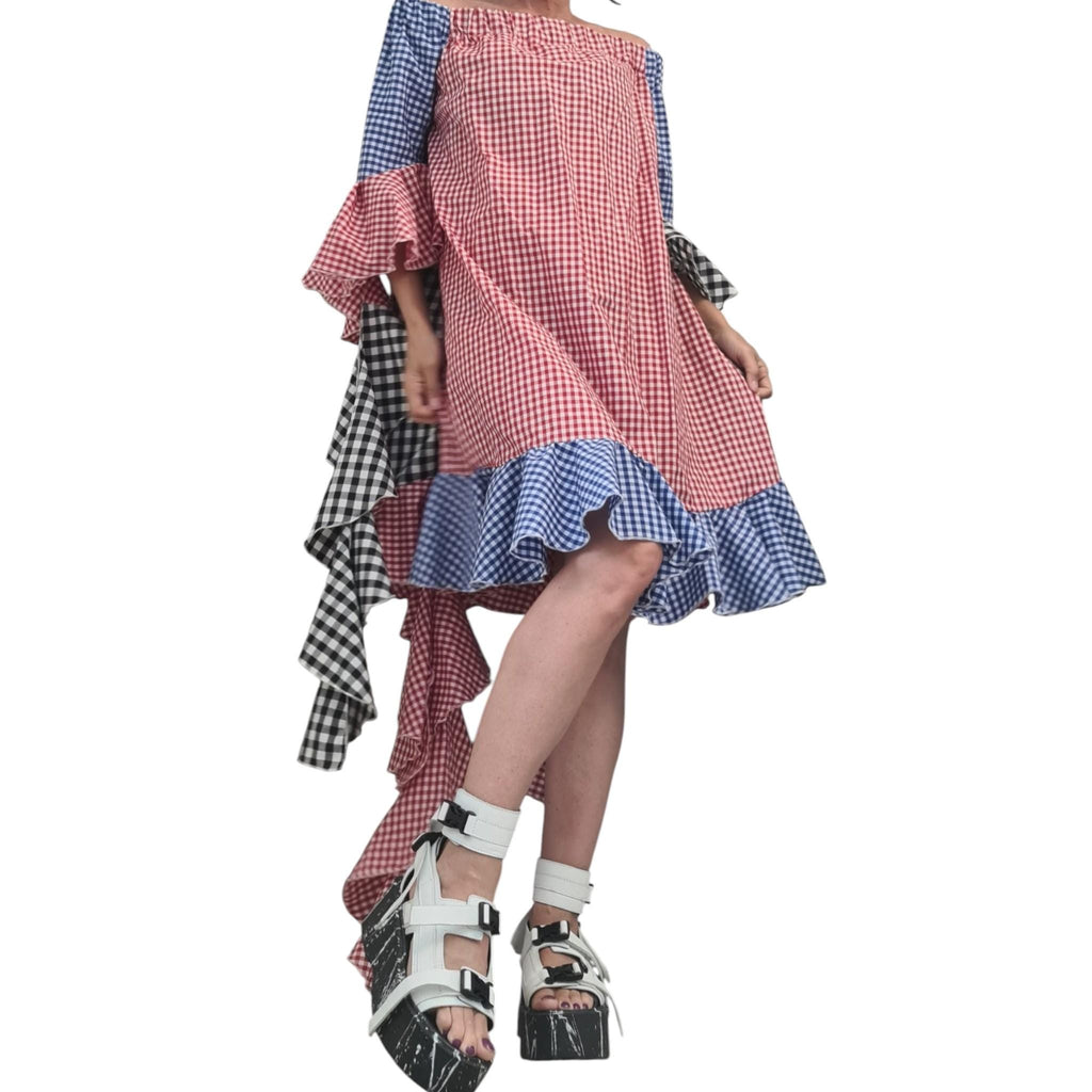 Extravagant Plaid Asymmetric Knee-Length Dress, Plus Size Cotton Dress
