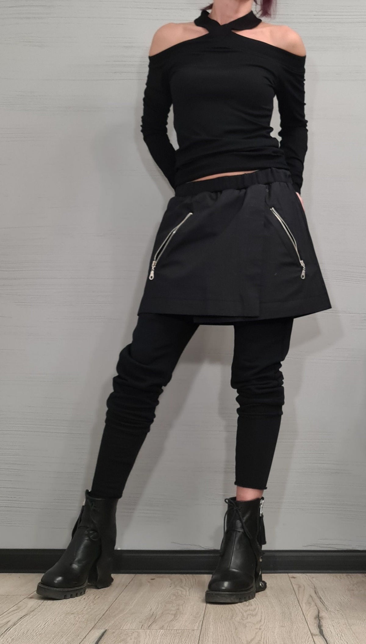 Black French Terry Pants, Attached Skirt Panel, Zip Pocket Detail